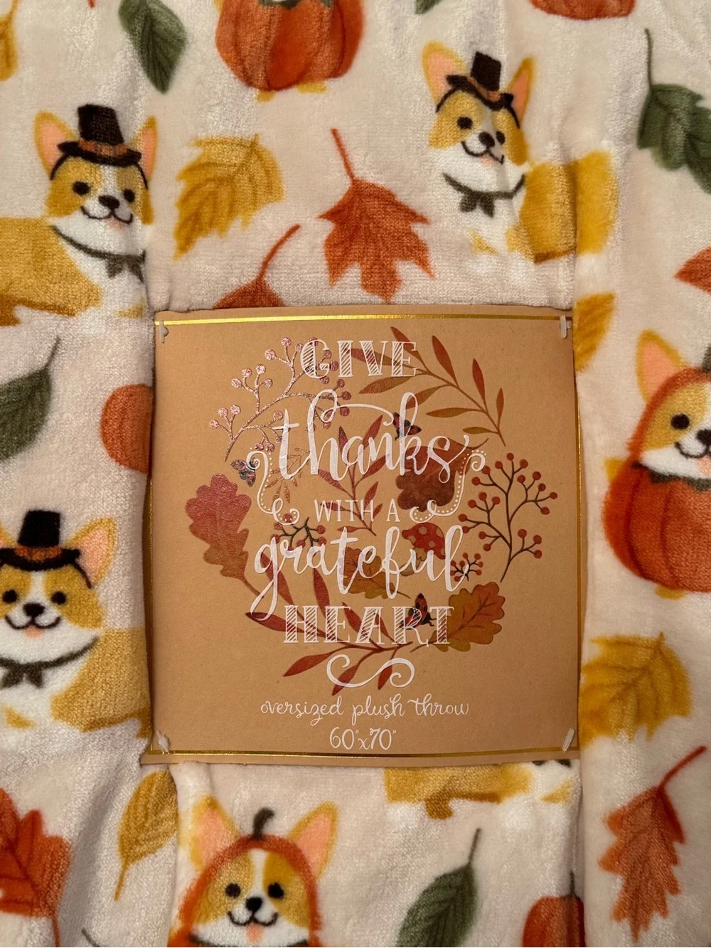 Fall Autumn Corgi Dogs in Pumpkins & Hats Leaves Fall Plush Blanket